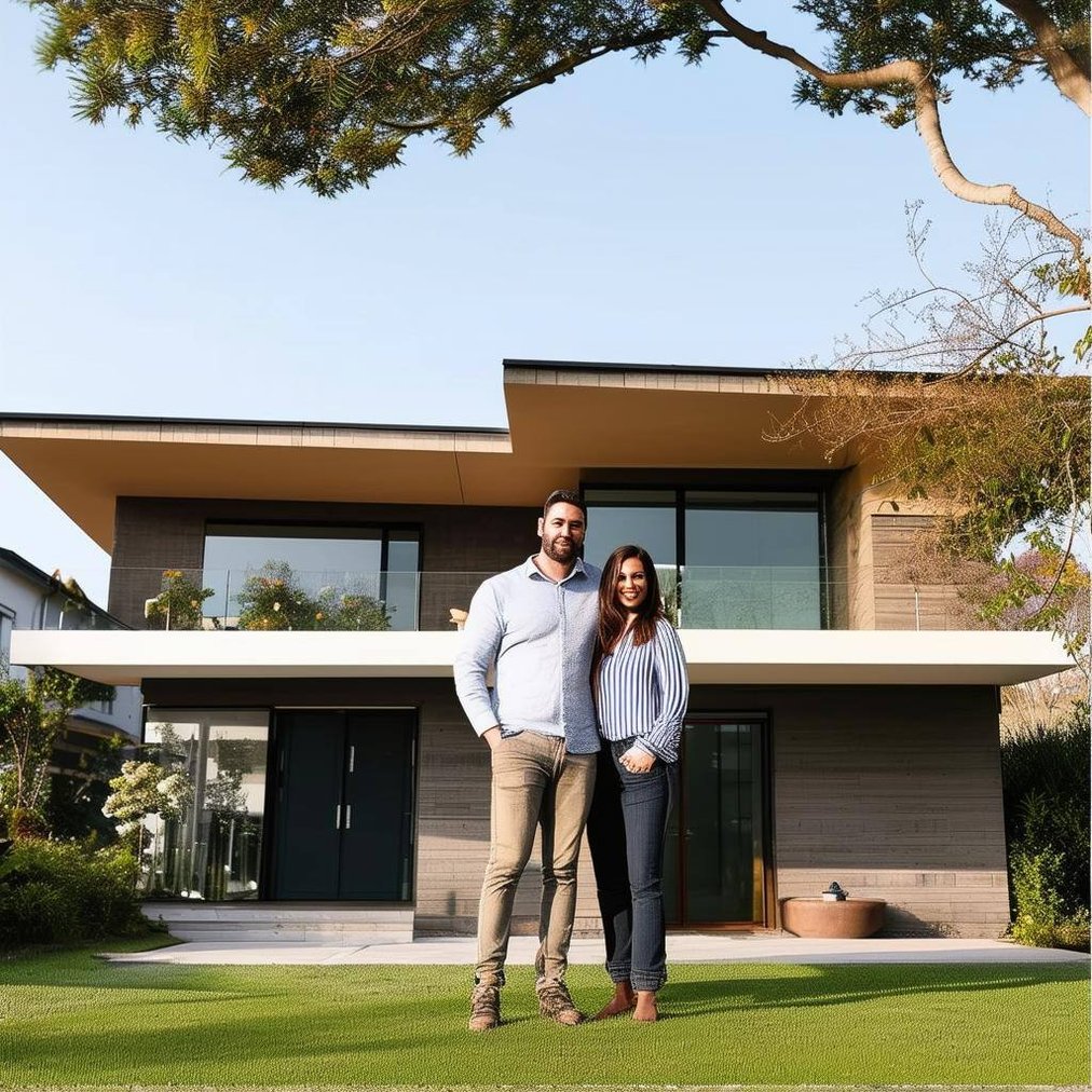 home owner couple in front of their modern home
